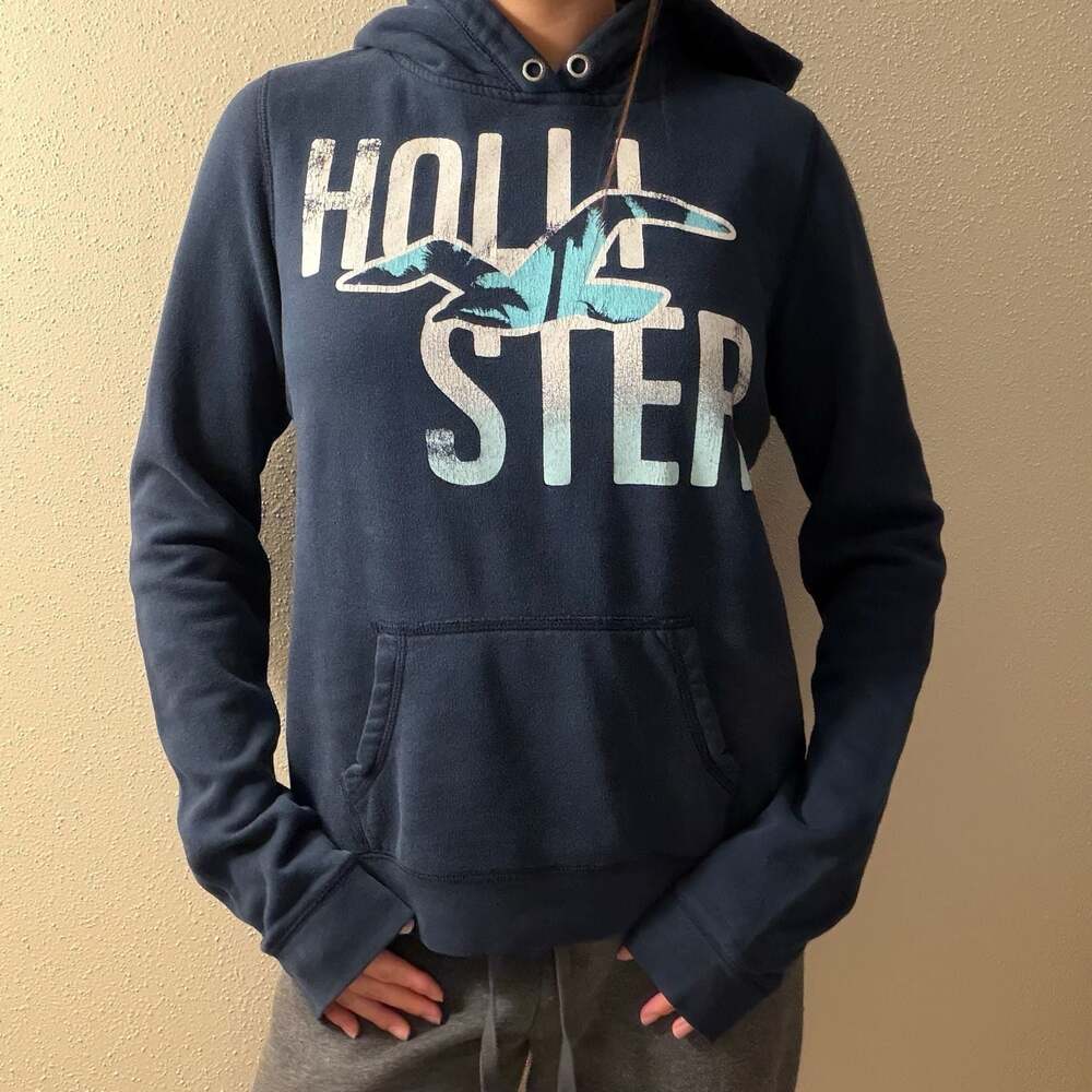 Vintage Y2K Hollister Navy Blue Pullover Hoodie with Teal Logo Size XL